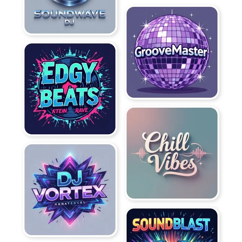 ai generated dj logo ideas showing different styles and colors for music branding.