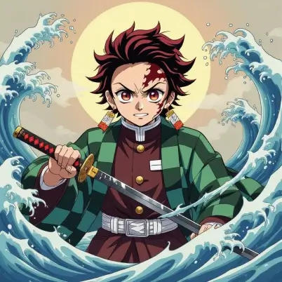 Tanjiro with swirling waves, captured in dynamic ai art style, blending water and energy with iconic character design.