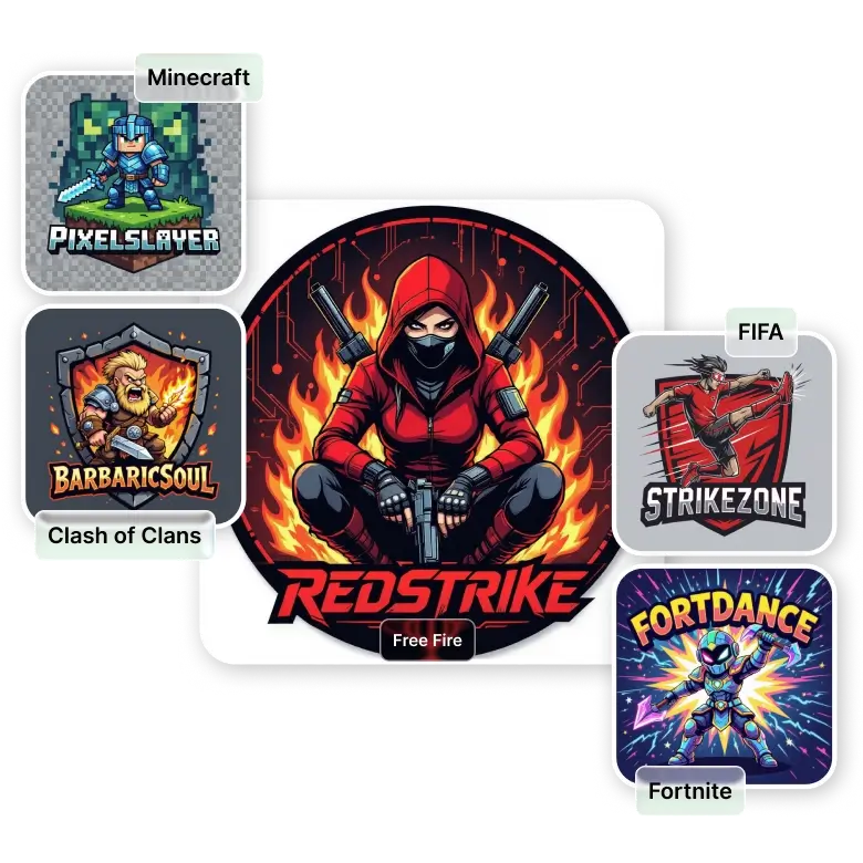 gaming logo ideas generated using AI, offering a variety of styles and themes.