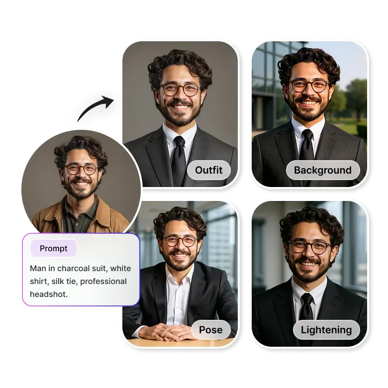 headshot api used to change outfits background pose and expressions realistically in generated headshots.