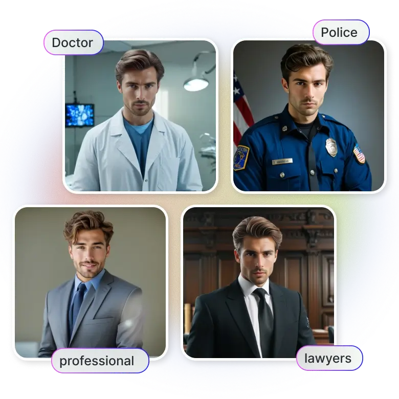 ai generated headshot showcasing a single person in various professions including doctor chef corporate executive and casual attire for versatile use.