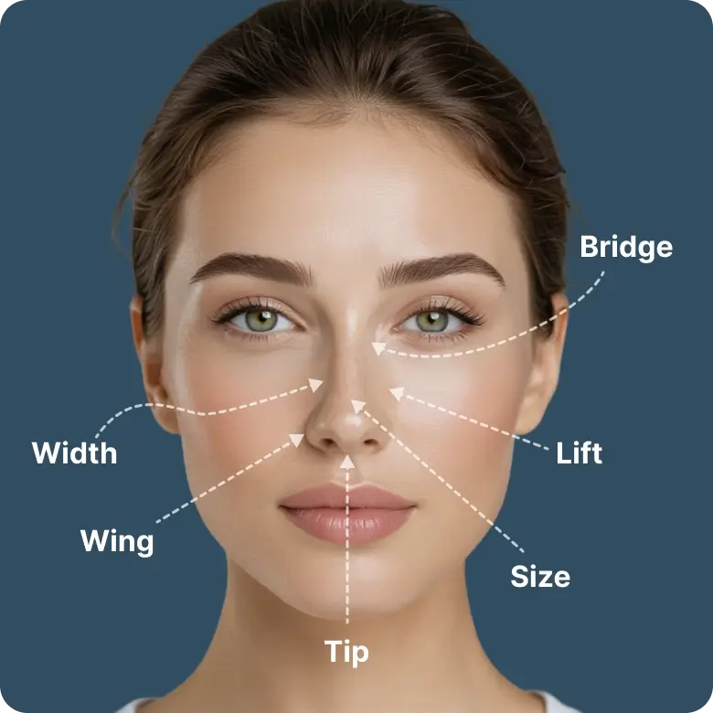 fix nose tip, bridge, and width using ai nose editor for perfect symmetry.