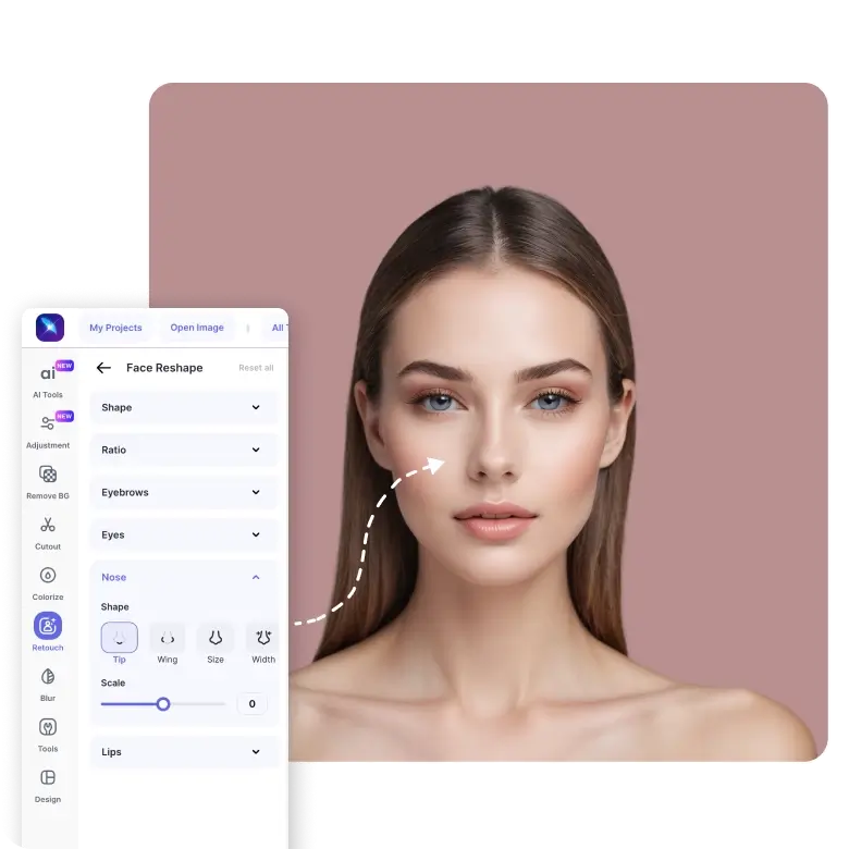 explore other face symmetry tools to adjust jawline, cheeks, forehead, and overall facial proportions.