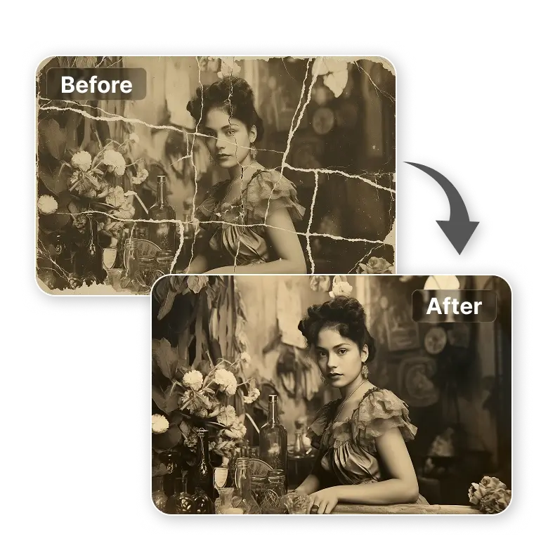 before and after image demonstrating 100% automatic restoration of damaged and faded photos.