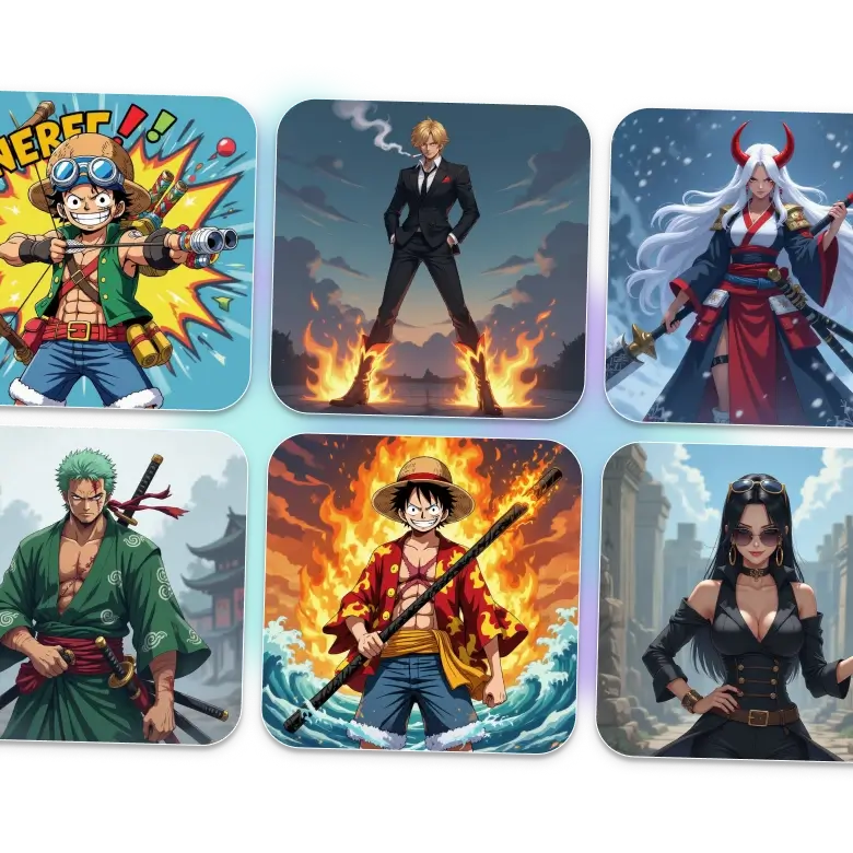 one piece pirates with their weapons, outfits, and accessories generated by ai for creative designs.