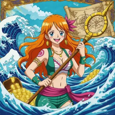 bright anime illustration of Nami rendered in one piece style with vibrant colors and details.