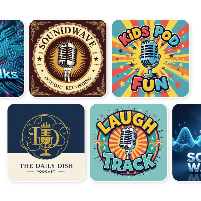 podcast logo ideas created using AI, offering multiple concepts for branding.