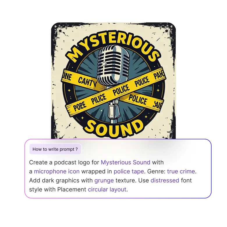 prompting guide used to create podcast logos with personalized styles and color schemes.