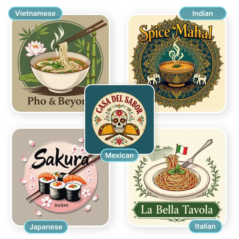 cuisine restaurant logo made by ai for many types of food.