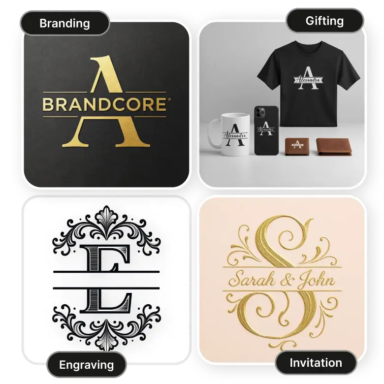 ai generated split monogram ideas showing creative and fancy letter designs for customization.