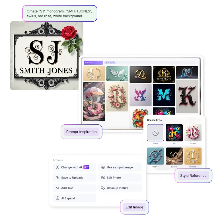 user interface of split monogram generator showing ai tools to create and customize monograms quickly.