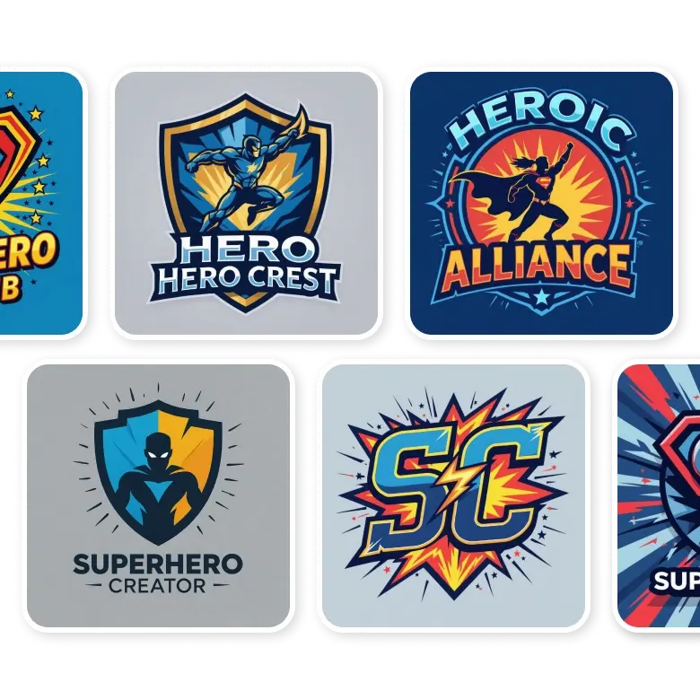 different types of superhero logos generated by ai showing unique styles and designs.