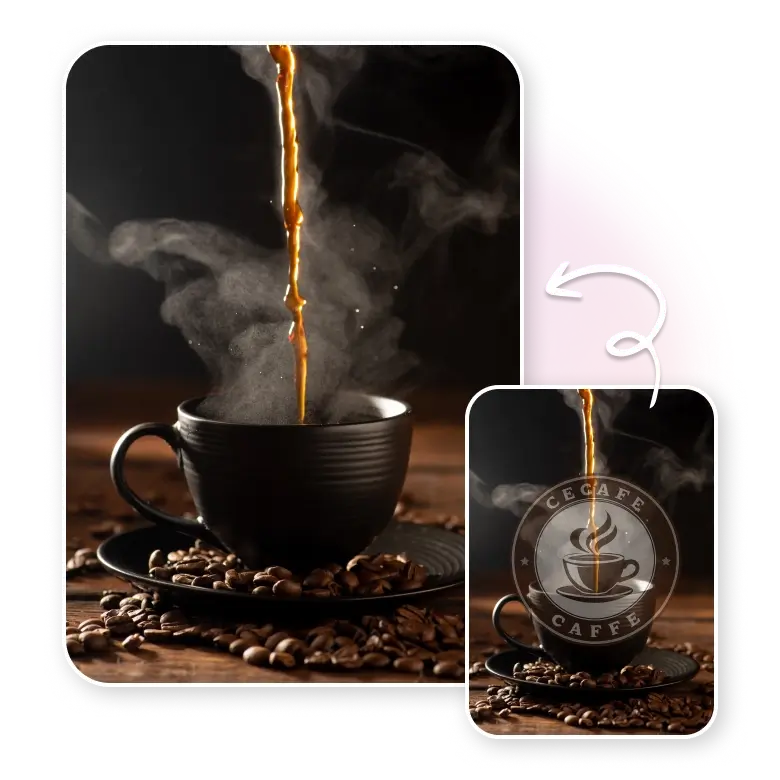 comparison images of coffee pouring photo before and after watermark removal using ai.