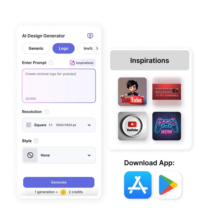 user interface of youtube logo generator showing ai tools to create and customize logos quickly.