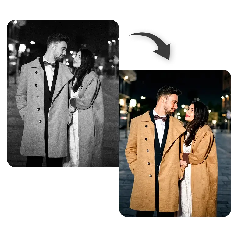 couple image showing one side in black and white and the other side beautifully colorized.