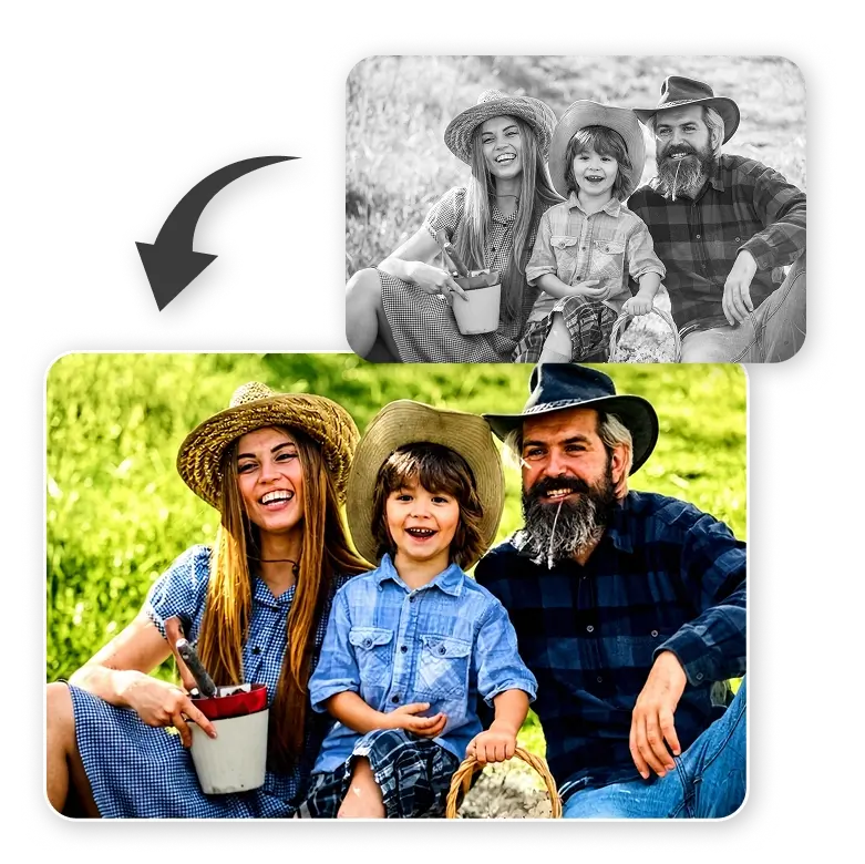 black and white family photo converted into a lively colorized image bringing memories to life.