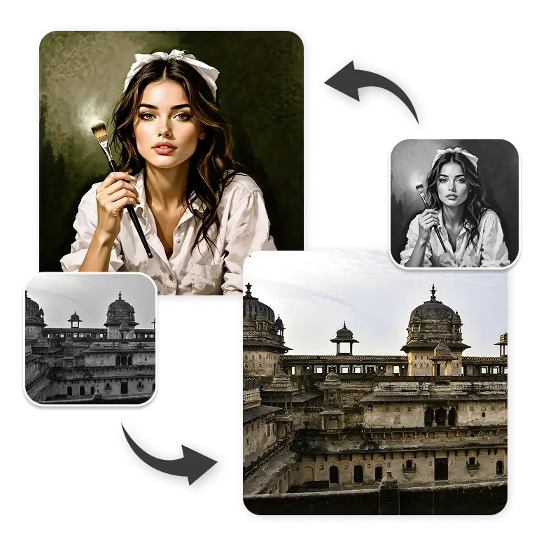 black and white historical and painting images turned into colorful detailed pictures using ai.