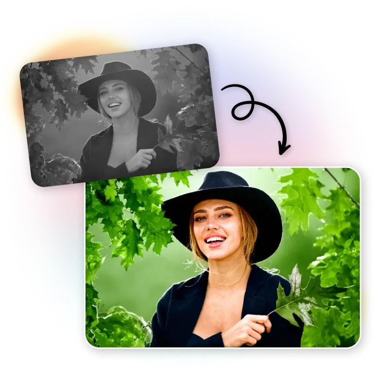 banner image showing black and white photo transformed into a vibrant colorful image using ai colorizer.