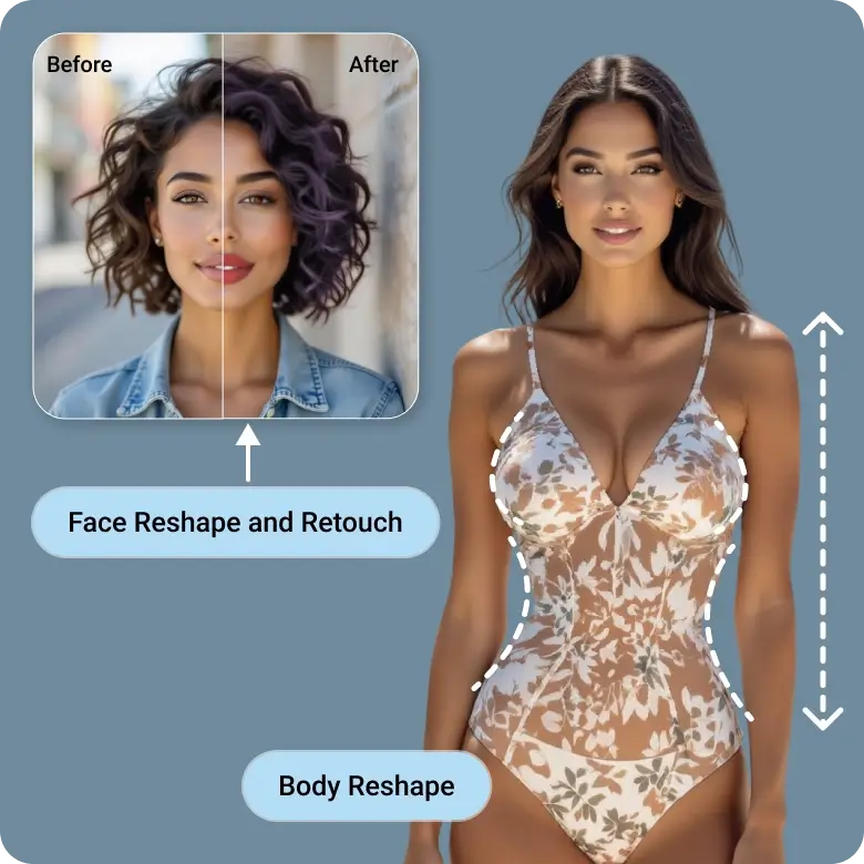 retouch and reshape both body and face using ai tools for overall polished and enhanced appearance.