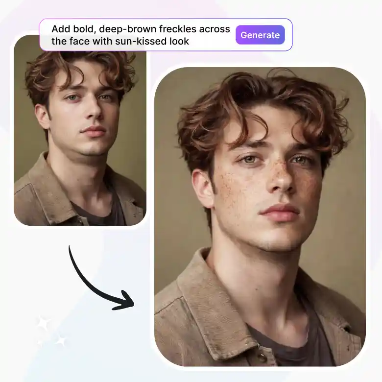 man portrait transformed using realistic freckles filter for a natural freckled look.