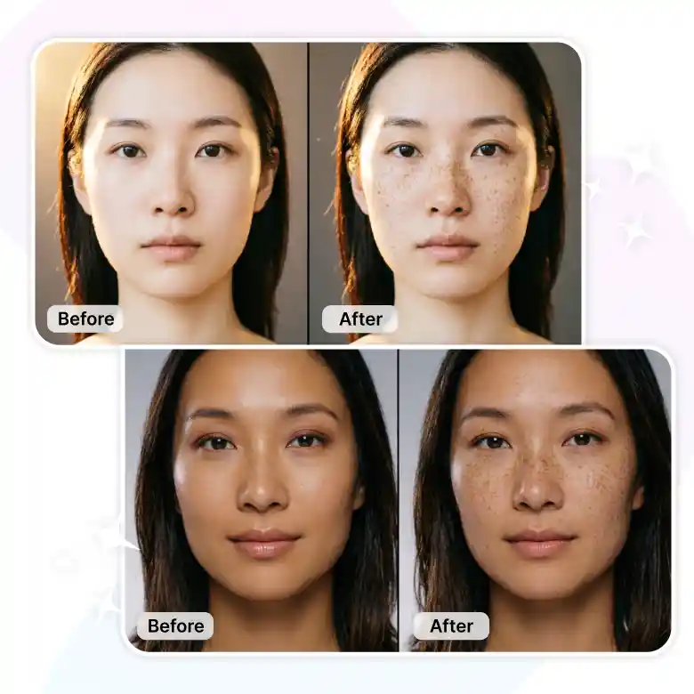 woman before after using freckle filter to add natural freckles to selfie.