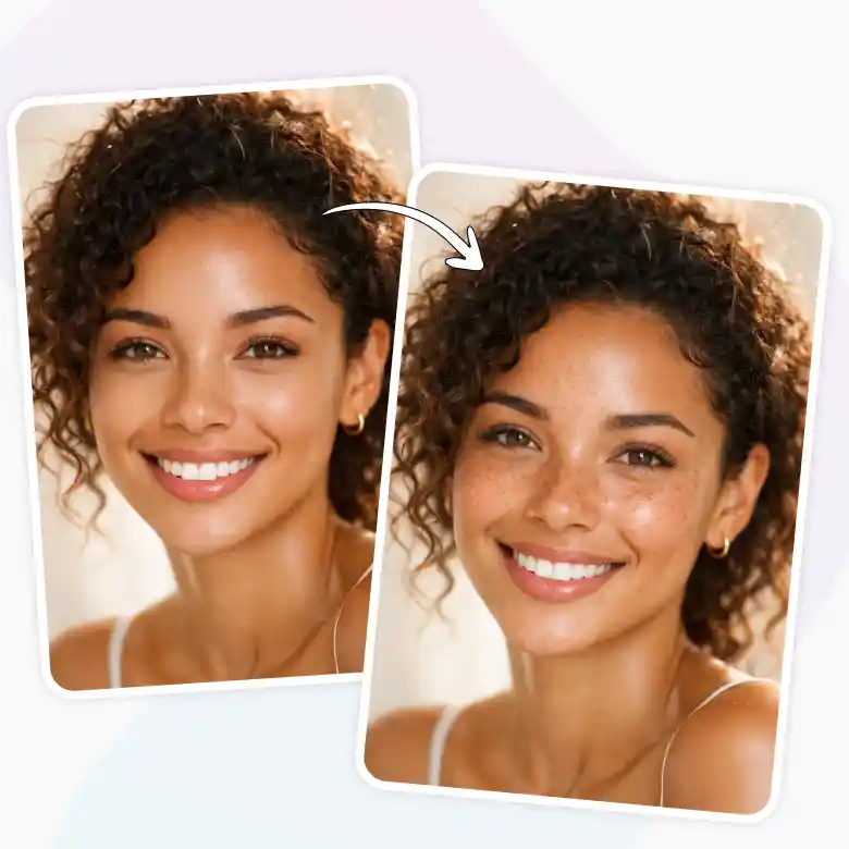 woman portrait enhanced using freckles makeup filter for soft aesthetic freckles.