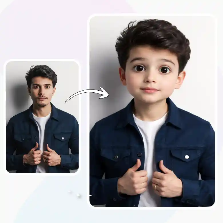 man in blue jacket transformed using baby face filter online into a cute realistic baby version.