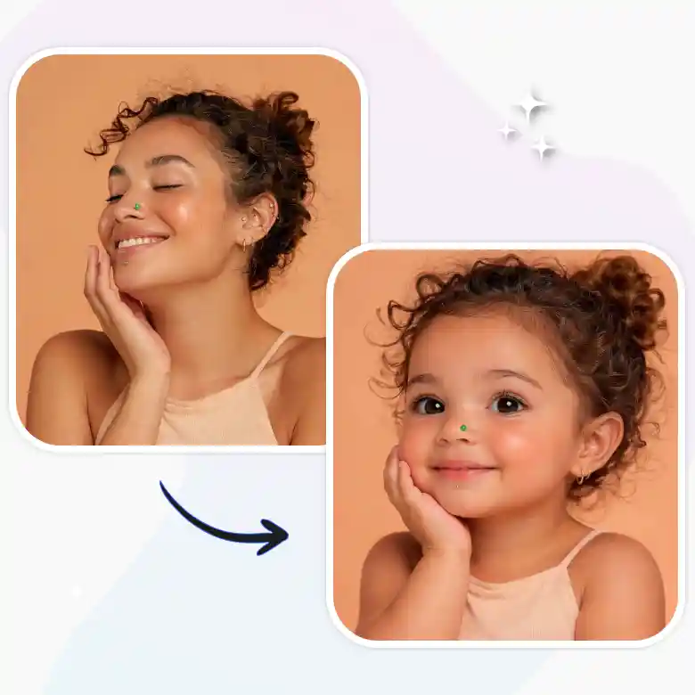 woman with curly hair using cute baby face filter to turn adult photo into baby face.