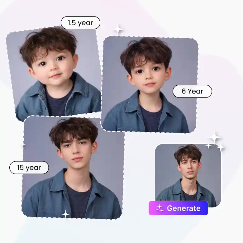 one prompt creates multi age baby transformations using age regression AI for different baby looks.