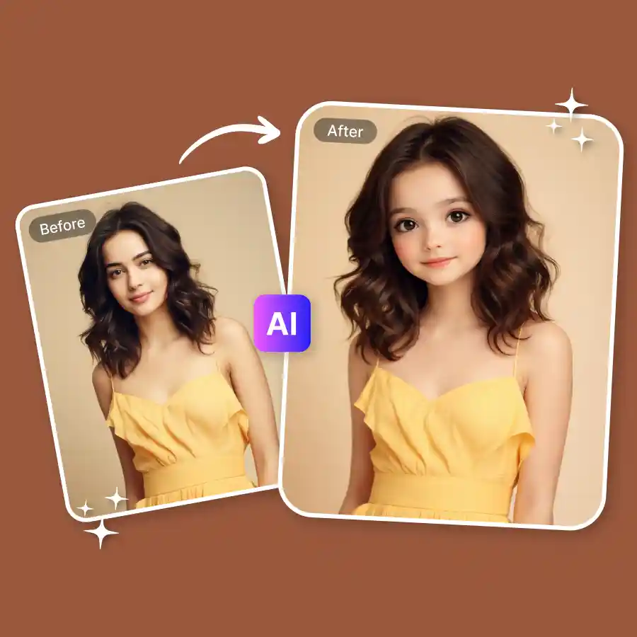 girl in yellow dress using ai baby face filter to convert her portrait into a realistic baby face.