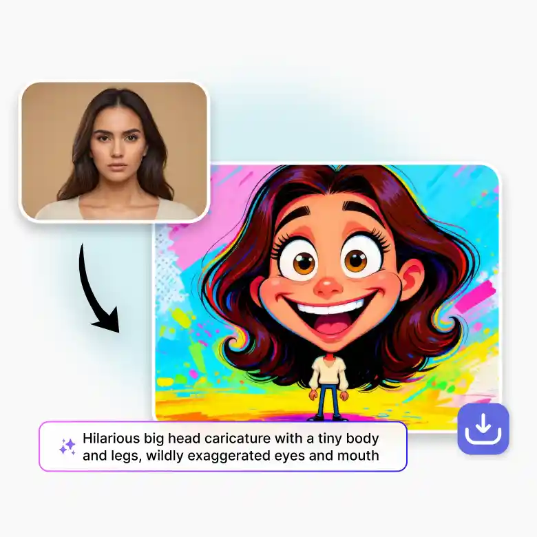 girl photo transformed into caricature with big head and tiny body.