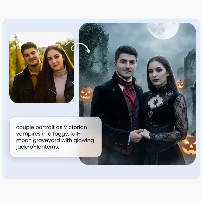 transform formal outfit into demon, skeleton, or vampire with ai halloween costume generator.
