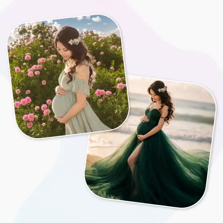 Variations of AI maternity photography featuring many outfits.