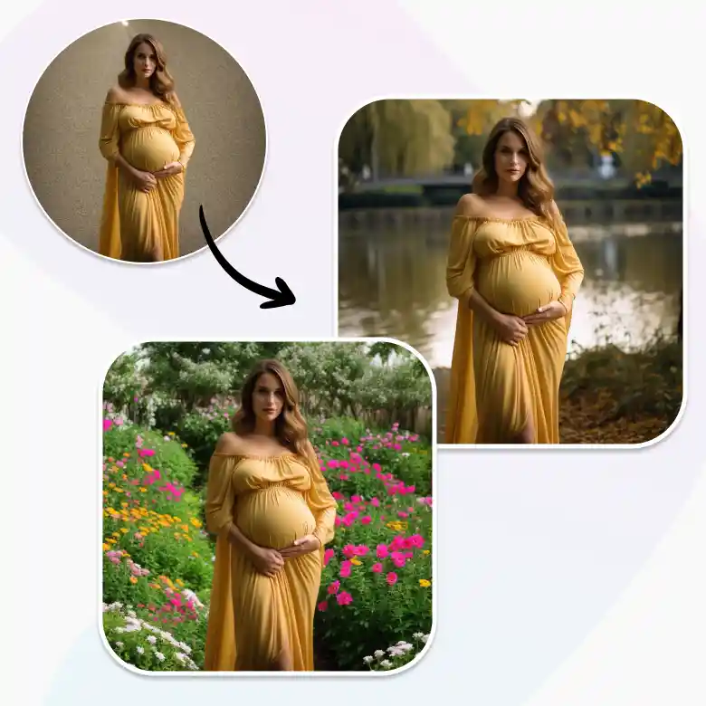 AI-generated maternity couple photoshoot conducted at home.