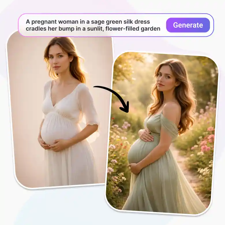 pregnant woman gets a unique background using Ai maternity photoshoot for a natural maternity portrait.