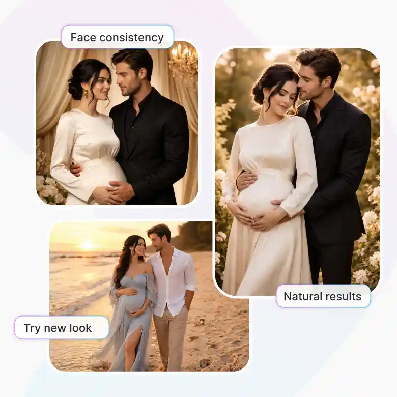 couple gets consistent faces and new looks using ai generated maternity couple photoshoot.