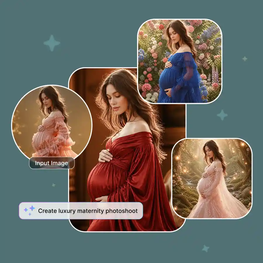 Before and after results of an AI maternity photoshoot generated by LightX.