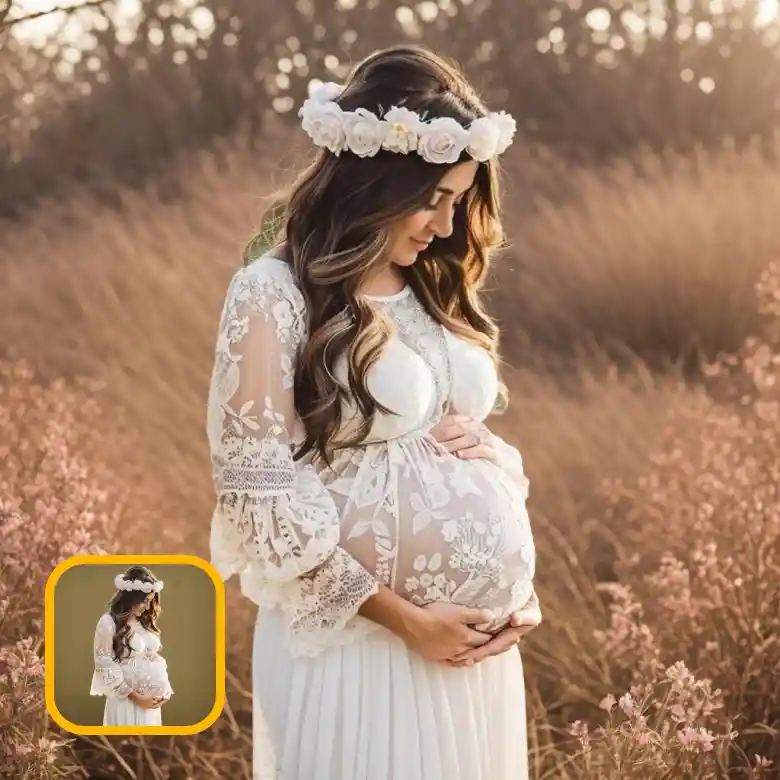 AI outdoor maternity photoshoot conducted at home using LightX.