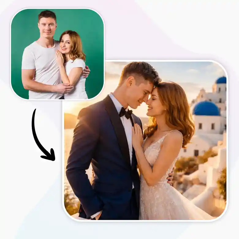 couple photo transformed into a Greece destination using themed pre wedding shoot with AI.