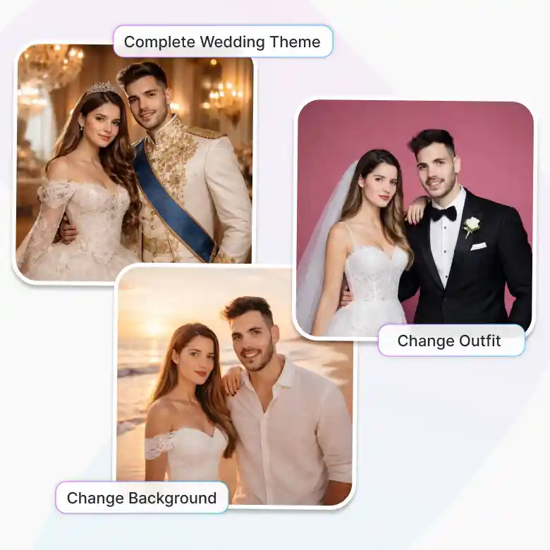 couple gets wedding outfits and new backgrounds using AI outfit for pre wedding photoshoot.