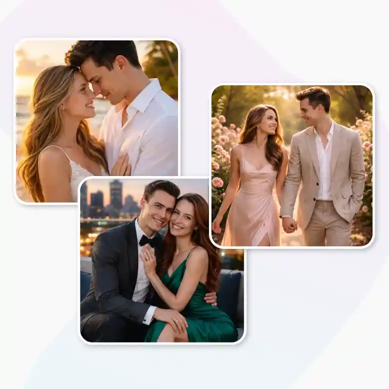 three couples with different outfits and backgrounds using AI generated pre wedding photo.