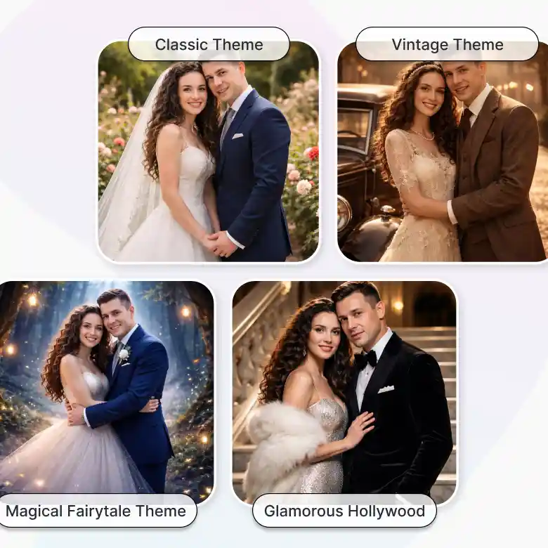 couple photos created in different themes using AI pre nuptial photoshoot for unique looks.