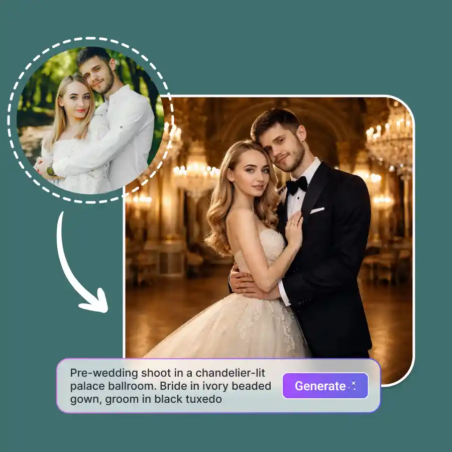 normal couple photo transformed into a palace ballroom using ai pre wedding photoshoot.