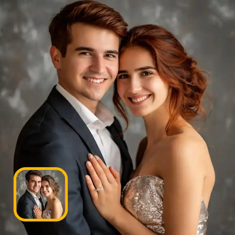 couple in golden dress and black suit using AI pre wedding couple photoshoot for an elegant portrait.