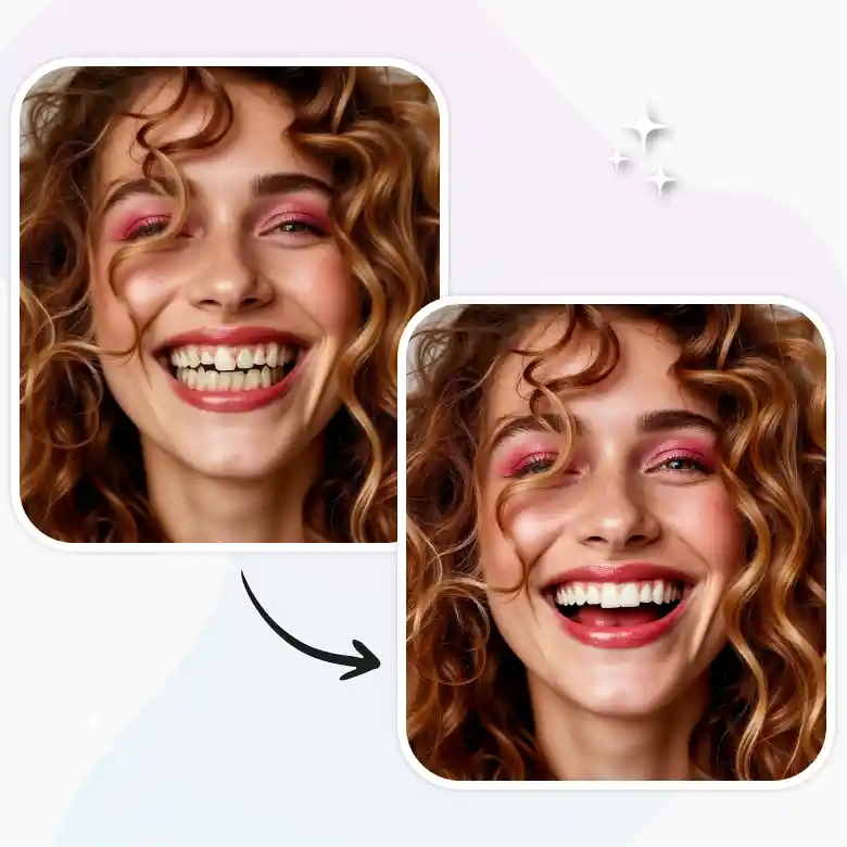 girl with curly hair using straight teeth filter online to fix crooked teeth in photo.
