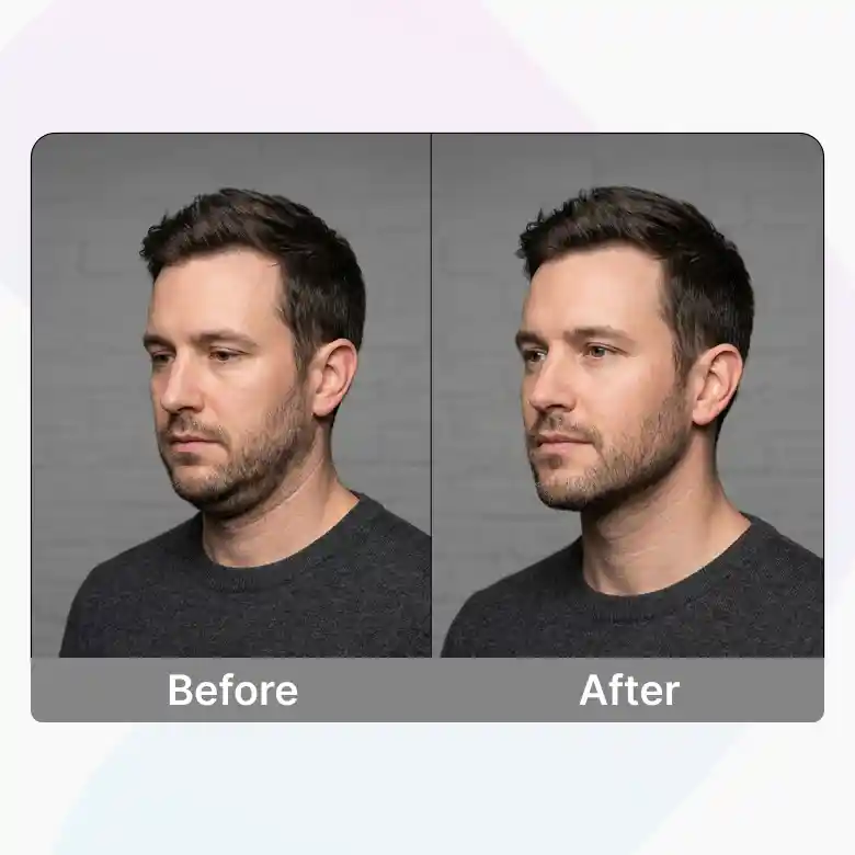 man using double chin remover to remove chin fat in photos for a defined face.