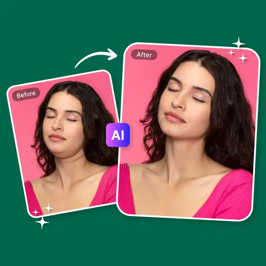 close up before after using AI double chin remover to create a cleaner natural jawline.