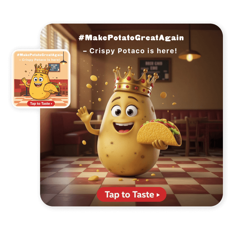 potato taco ad transformed from cartoon to realistic using ai prompts for better visual appeal.