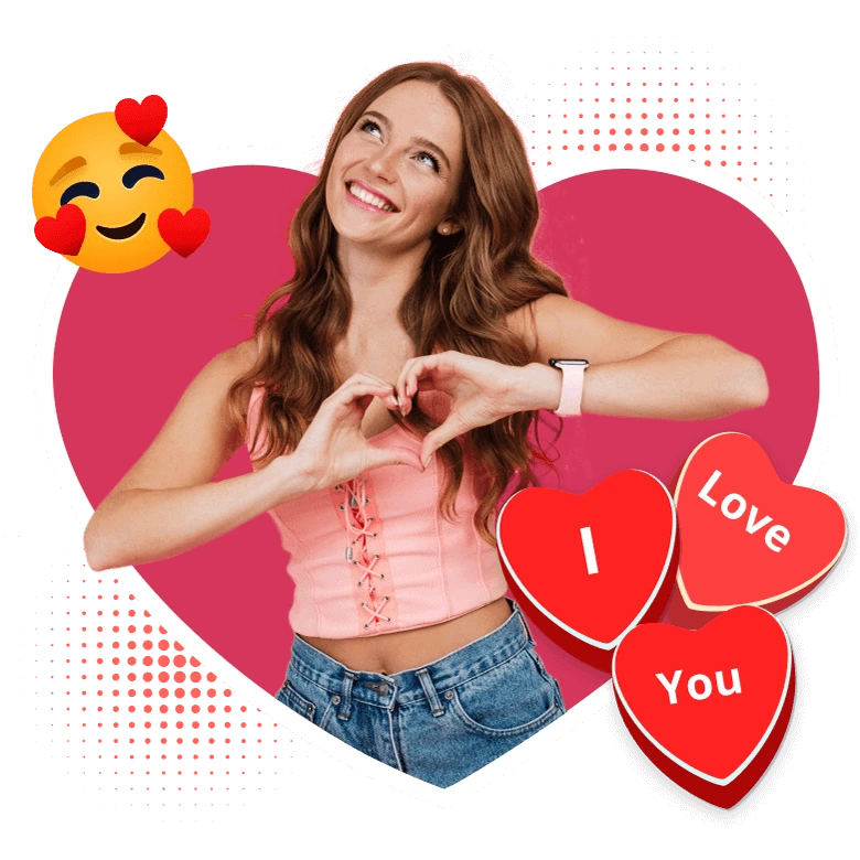 A woman stands with a pink heart background, along with I love you heart png sticker and a heart emoji sticker.