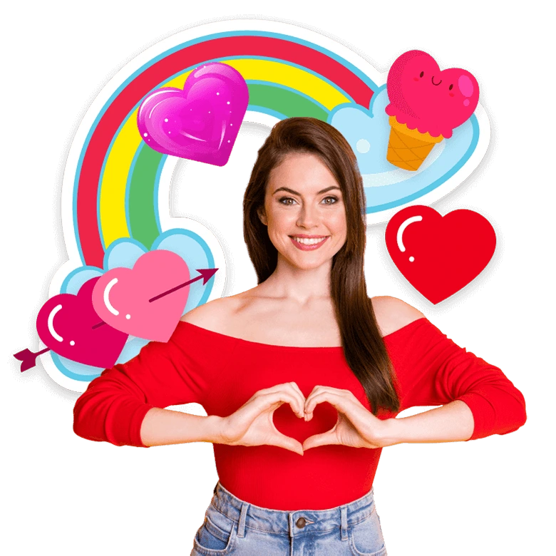 Woman poses with a heart sign, surrounded by pink, purple, and red heart PNG stickers.